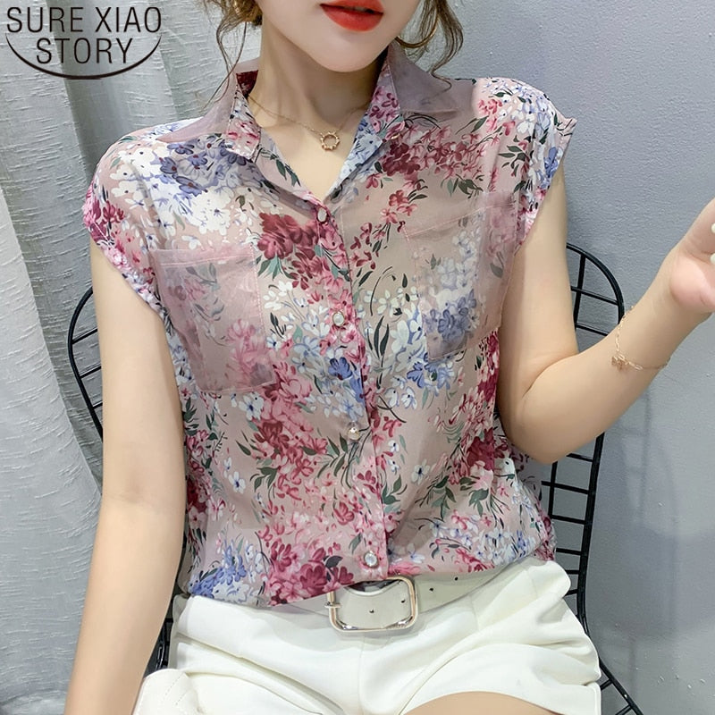 Summer Blouse Sleeveless Shirts Women Vintage Floral Print Blouses Ladies Tops 2023 Blusas Mujer Casual Chiffon shirt 10225 - trendy chick