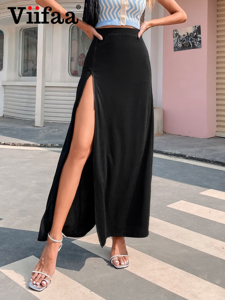 Viifaa High Waist Sexy Zipper Split Side Black Elegant Party Maxi Skirt Korean Fashion Women Going Out Slim Long Skirts - trendy chick