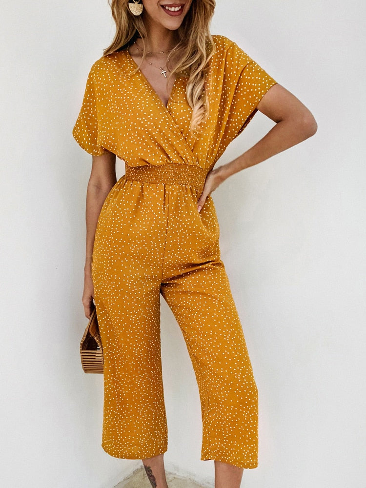 Lossky Women Jumpsuits Rompers Summer Casual Print V-neck Pocket Overalls Jumpsuit Short Sleeve Wide Leg Loose Jumpsuit - trendy chick