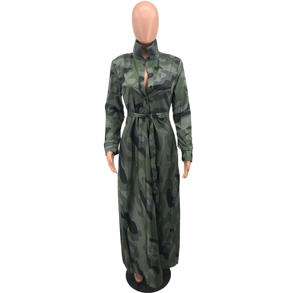 Spring Fall Camouflage Long Dresses Women Long Sleeve Slim Maxi Floor Length Dress Causal Turn-Down Collar Button Up Shirt Dress - trendy chick