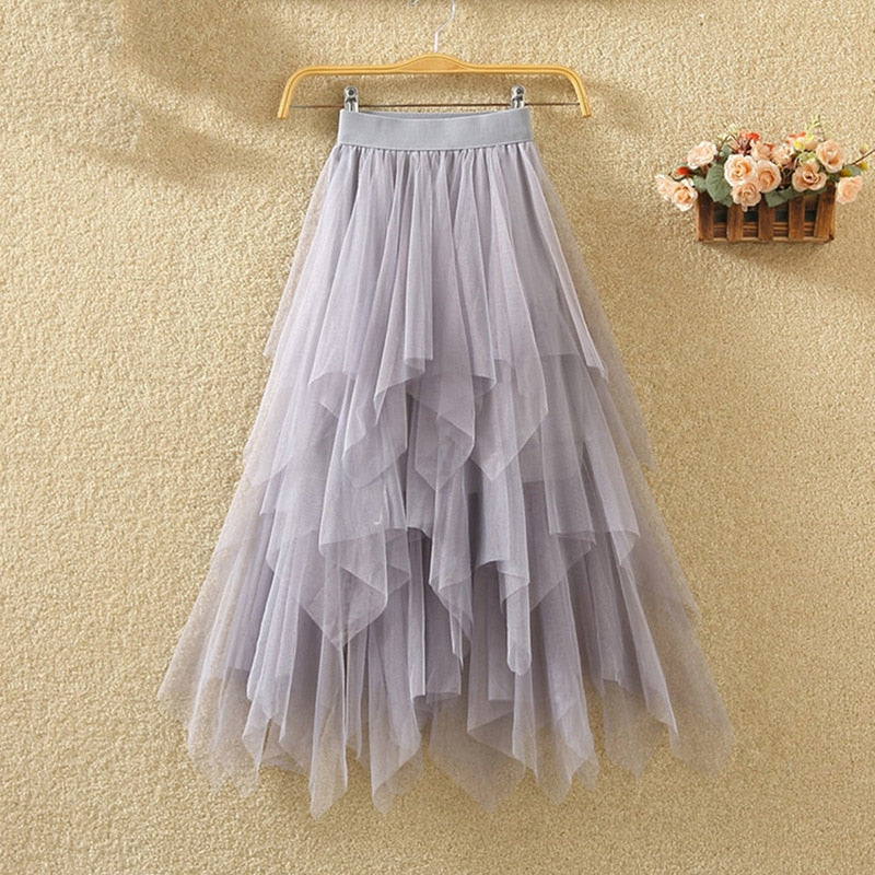 Summer Irregular Jeans Skirts Womens High Waist Tulle Skirt Long Denim Pleated Midi Skirts Mesh Patchwork Pockets Tassel Belt - trendy chick