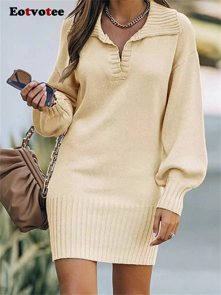 Eotvotee Sweater Dress for Women Fall Winter 2022 New Turn Down Collar Knitted Dresses Oversized Long Sleeve Solid Casual Dress - trendy chick