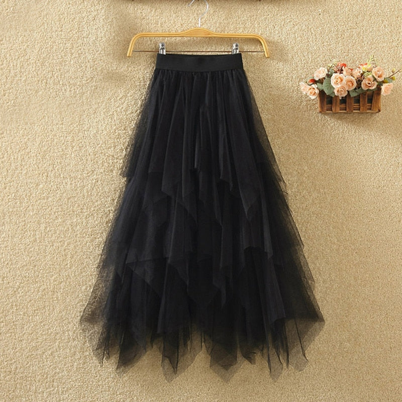 Summer Irregular Jeans Skirts Womens High Waist Tulle Skirt Long Denim Pleated Midi Skirts Mesh Patchwork Pockets Tassel Belt - trendy chick