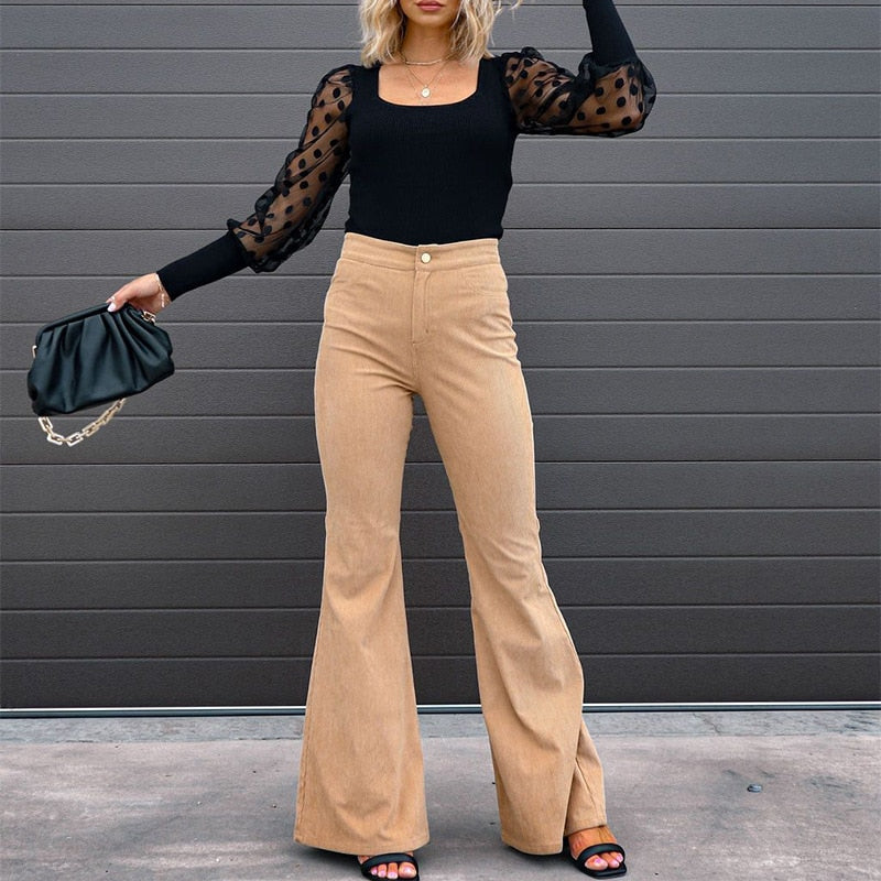 Corduroy Flare Pants Women Solid High Waist Loungewear Slim Fit Simple Button Fly Streetwear Ladies Trousers - trendy chick