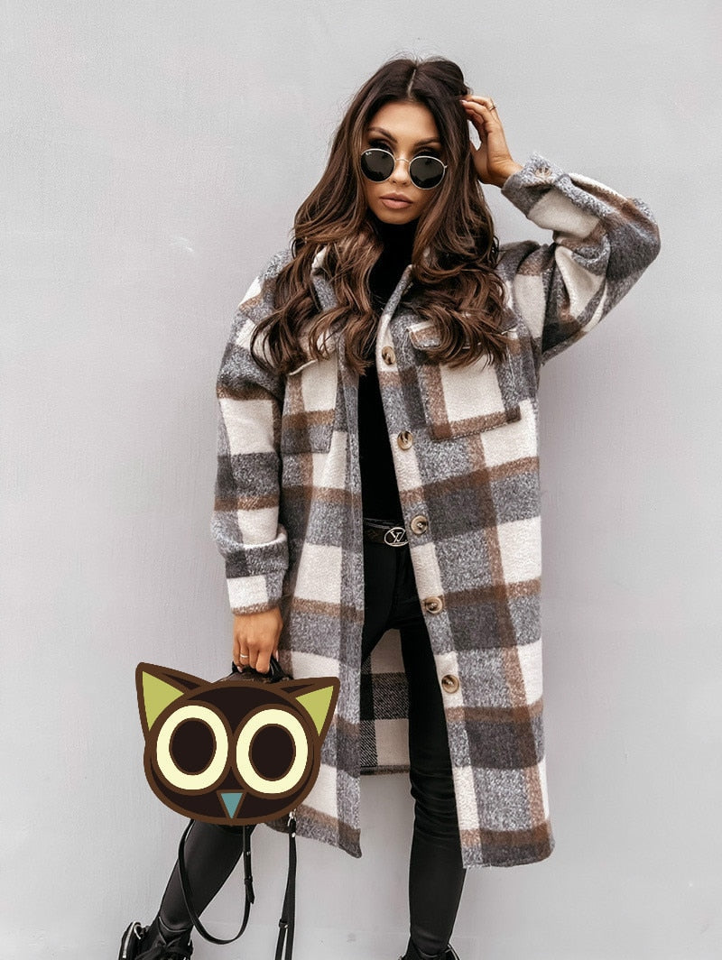 Spring New Plaid Long Blouses Coat Women Casual Vintage Shirt Jacket Female Woolen Blends Printed Overcoat Streetwear