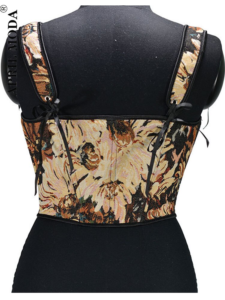 Oversize Floral Print Vintage Corset Women Lace Up Buister Crop Top Sleeveless Bandage Tank Top Sexy Chest Binder Camisole Mujer - trendy chick