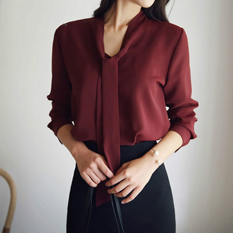 Long Sleeve Bow Tie Shirt Spring and Autumn New Fashion Women Clothing Loose Chiffon Shirt Women&#39;s Blouse Tops Blusas Mujer 699C - trendy chick