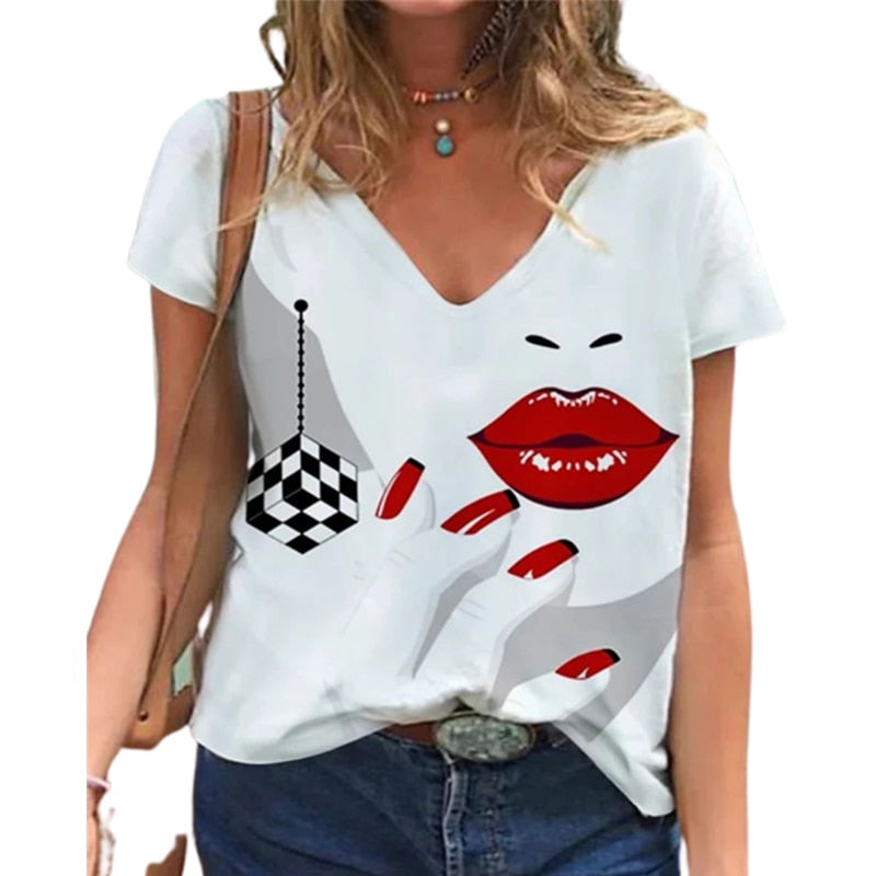 V Neck Tshirt Women&#39;s Summer Casual Oversize Print Shirt Tops Loose Vintage Female Tee Streetwear Y2K Short Sleeve Clothes S-5XL - trendy chick