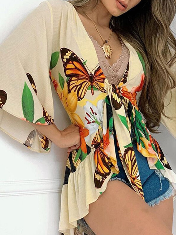 Tropical Print Bell Sleeve Blouse Tops Women - trendy chick