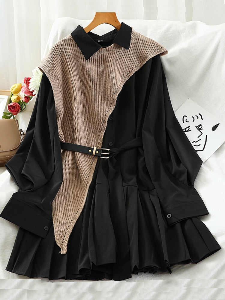 Sweet Suit Women Japan Single Breasted Turn-Down Collar Pleated Dress +Irregular Drawstring Knitted Vest Two Piece Set PL548 - trendy chick