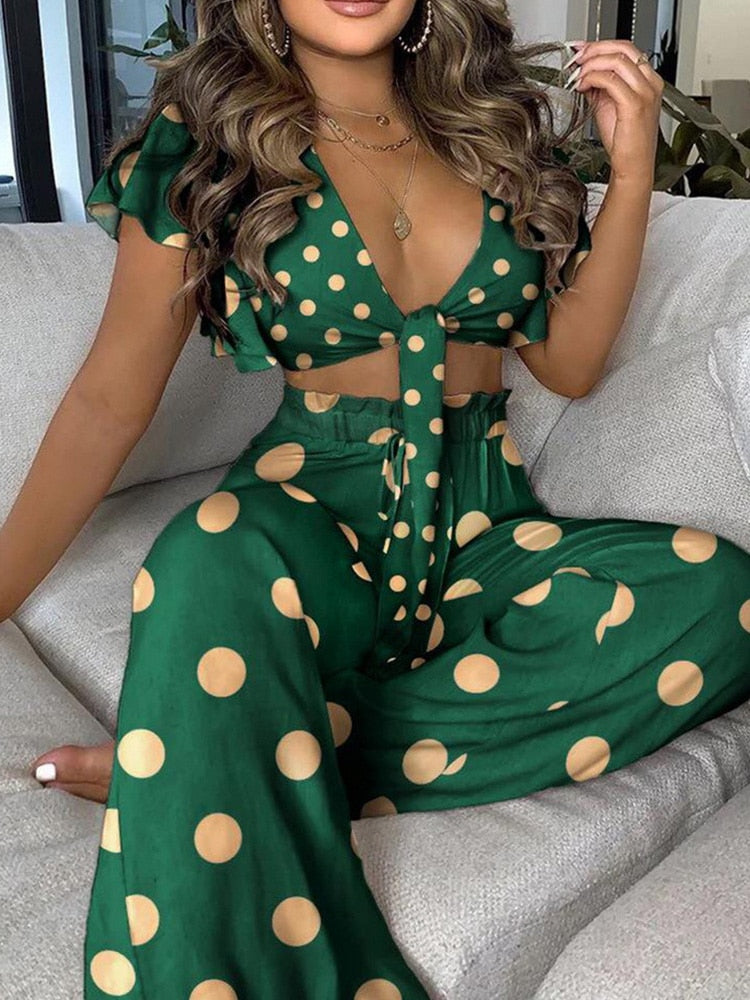 Geometric Colorblock Print Lace Up Elegant Fashion Two Piece Set Women Buttfly Sleeve V Neck Navel High Waist 2 Piece Set Women - trendy chick