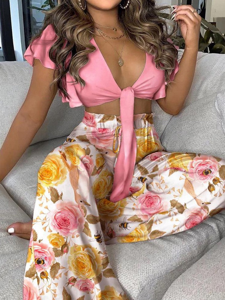 Geometric Colorblock Print Lace Up Elegant Fashion Two Piece Set Women Buttfly Sleeve V Neck Navel High Waist 2 Piece Set Women - trendy chick