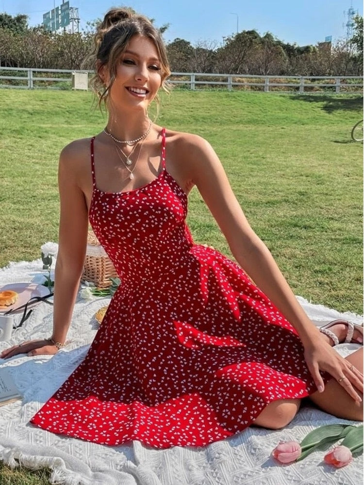 LiTi Print Summer Dress Confetti Heart Print Crisscross Tie Backless Cami Dress Print Boho Beach Dress Sundress Robe - trendy chick