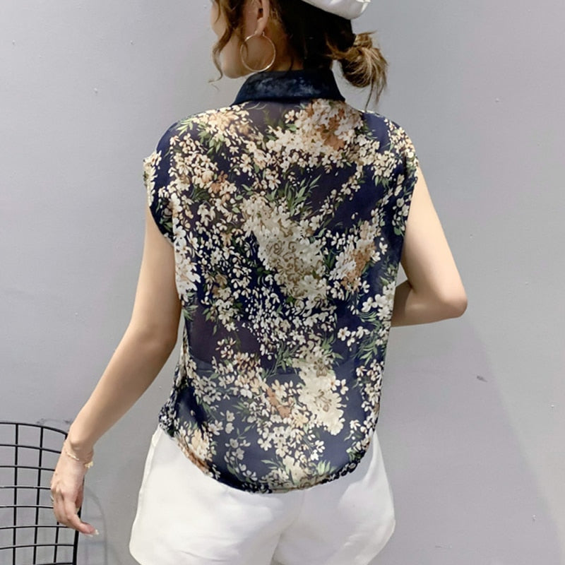 Summer Blouse Sleeveless Shirts Women Vintage Floral Print Blouses Ladies Tops 2023 Blusas Mujer Casual Chiffon shirt 10225 - trendy chick