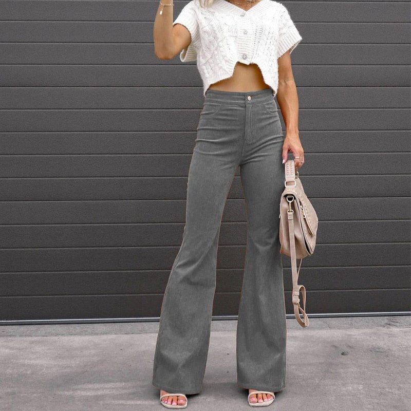 Corduroy Flare Pants Women Solid High Waist Loungewear Slim Fit Simple Button Fly Streetwear Ladies Trousers - trendy chick