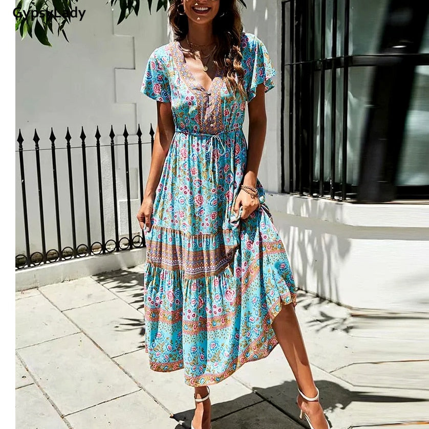 GypsyLady Floral Printed Maxi Dress Vintage Boho Summer Holiday Women Dresses Casual Chic Tie Lace Up Ladies Beach Female Dress - trendy chick