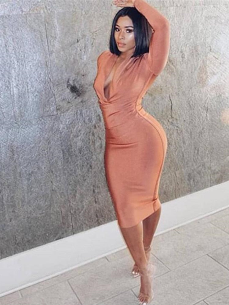 Free Shipping Winter Sexy V Neck Long Sleeve Women Bodycon Bandage Dress 2022 Celebrity Designer Evening Party Dress Vestido - trendy chick