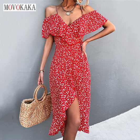 MOVOKAKA Ladies Spring Summer Sexy Straps Dress Women Ruffles Off Shoulder Casual Party Dresses Elegant Floral Print Beach Dress - trendy chick