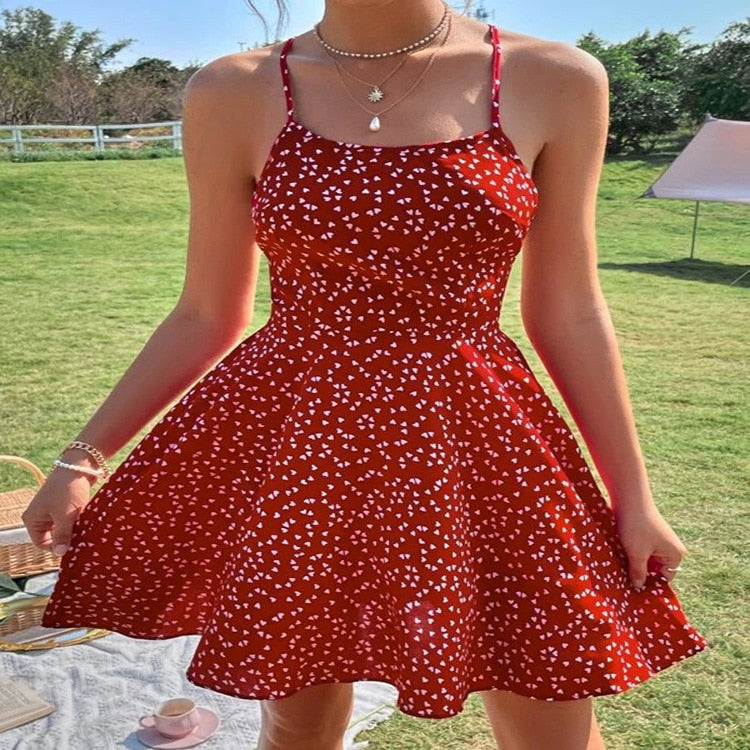 LiTi Print Summer Dress Confetti Heart Print Crisscross Tie Backless Cami Dress Print Boho Beach Dress Sundress Robe - trendy chick