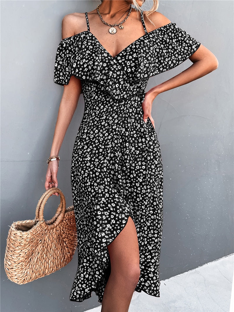 MOVOKAKA Ladies Spring Summer Sexy Straps Dress Women Ruffles Off Shoulder Casual Party Dresses Elegant Floral Print Beach Dress - trendy chick