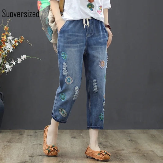 Embroidery Chic Ripped High Waist Harem Jeans Capris Women Korean Casual Vintage Elegant Denim Pants 4xl Vaqueros Mom Trouser - trendy chick