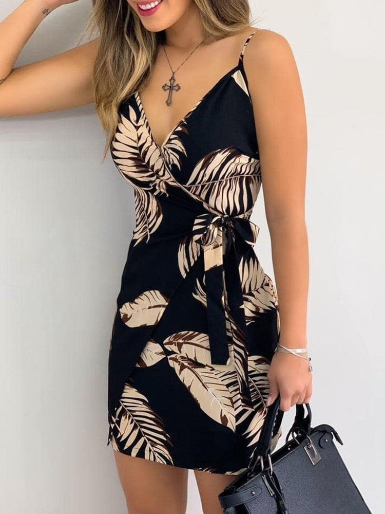 Tropical Print V-Neck Wrap Casual Dress Women Sleeveless Summer Holiday Mini Dress - trendy chick