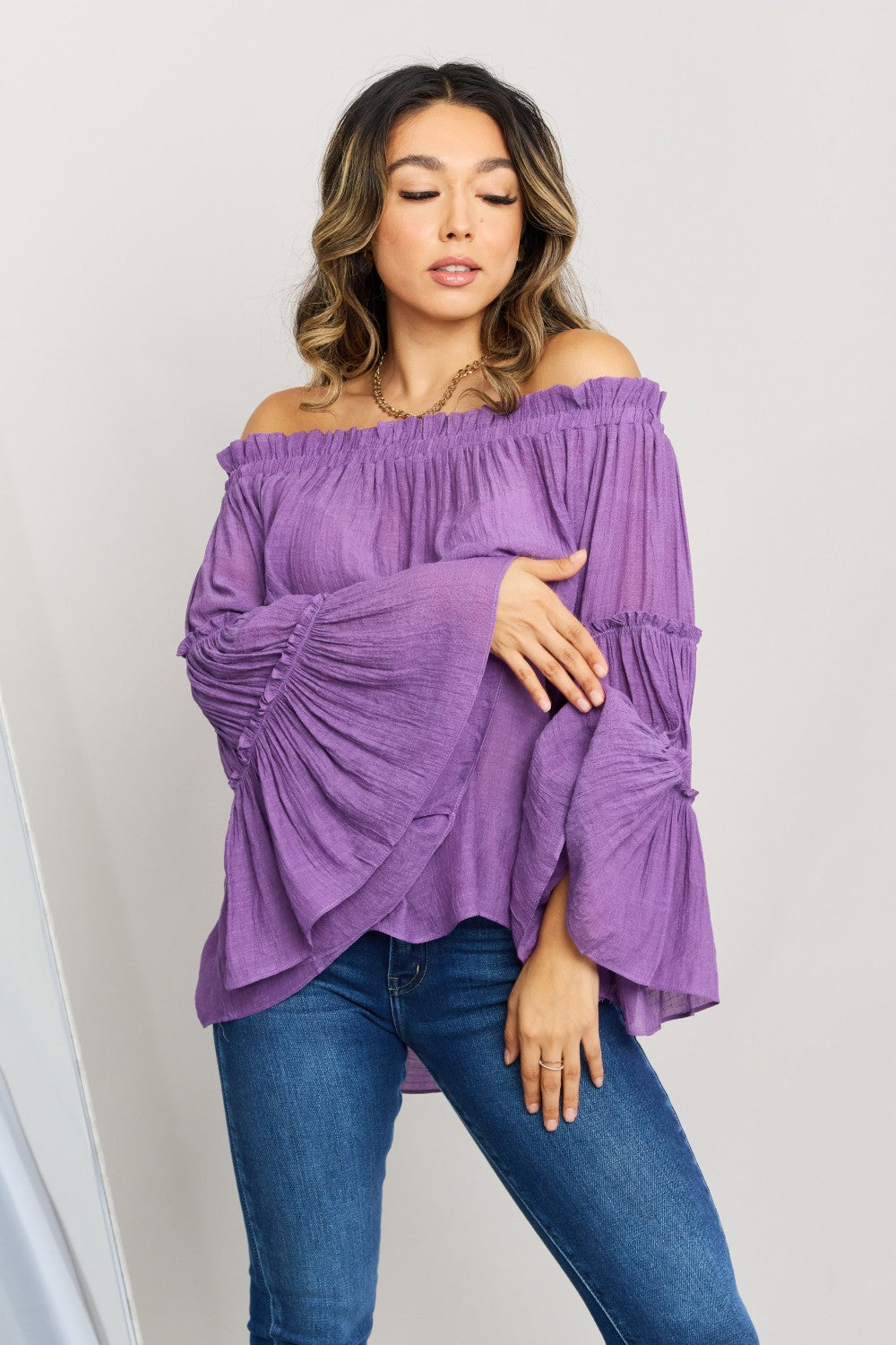 some Frill Trim Off-Shoulder Bell Sleeve Blouse