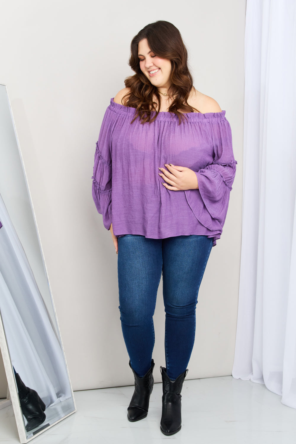 some Frill Trim Off-Shoulder Bell Sleeve Blouse