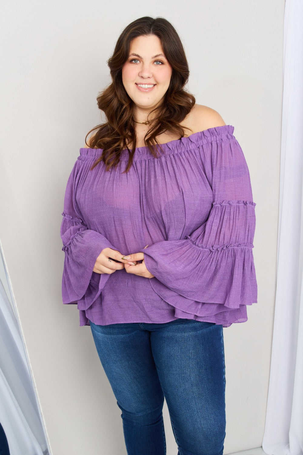 some Frill Trim Off-Shoulder Bell Sleeve Blouse